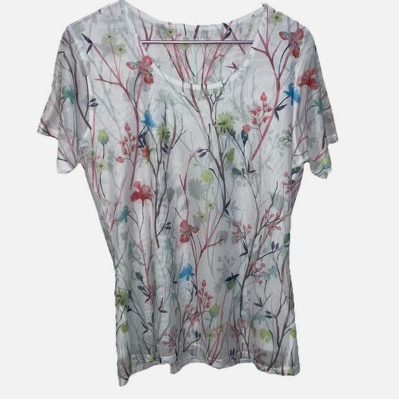 Essentials by Milano Top Women's Medium White Stretch Mesh Floral - Picture 1 of 5